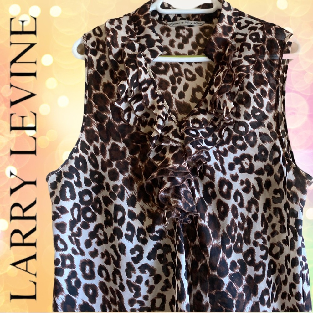 Sleeveless Leopard Ruffled Vneck w/Mandarin Collar
